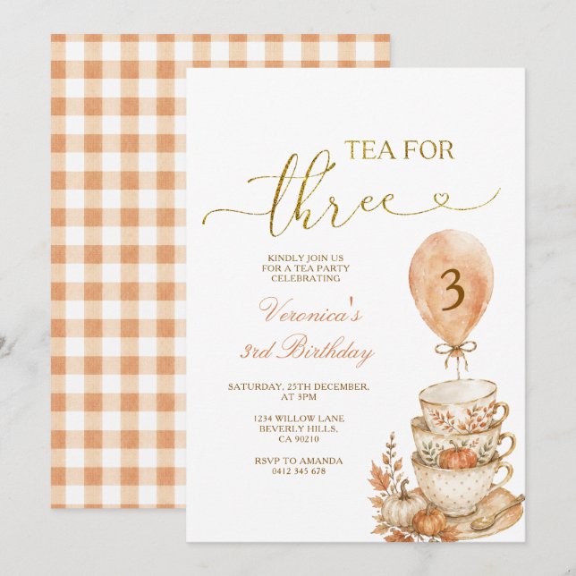 Tea for Three 3rd Birthday Pumpkin Fall Floral Invitation (Front/Back)