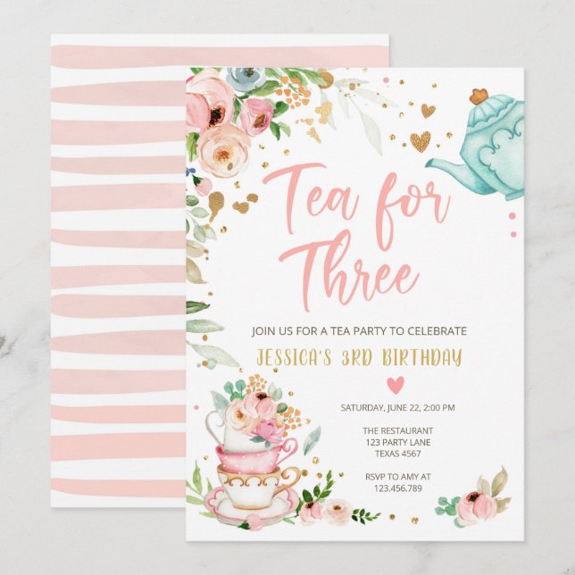 Tea for Three Birthday Invitation Floral Tea Party (Front/Back)