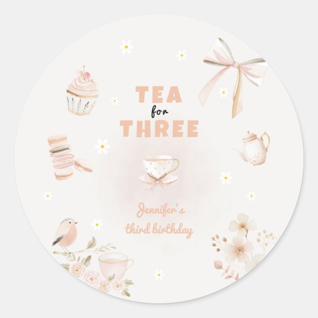 Tea for Three Birthday Invitation for Girls Classic Round Sticker (Front)