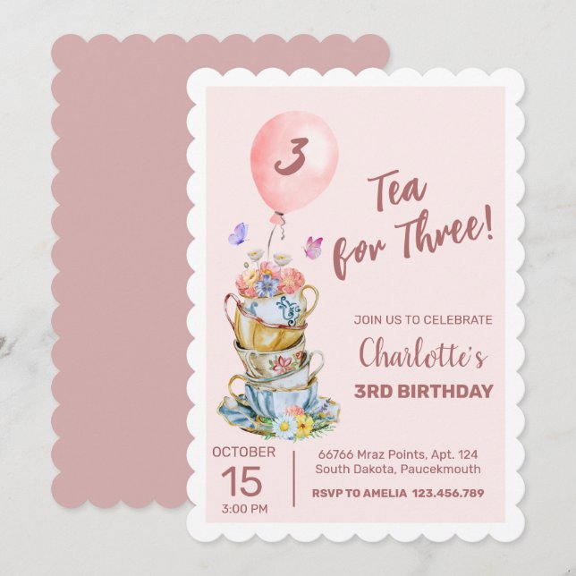 Tea For Three Birthday Pink Floral Tea Party  Invitation (Front/Back)