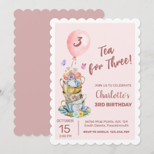 Tea For Three Birthday Pink Floral Tea Party  Invitation