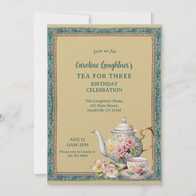Tea For Three Flower Garden Birthday Invitation (Front)