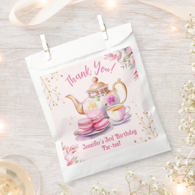 Tea For Three! Girl Pink 3rd Birthday Tea Party Favour Bags (Clipped)