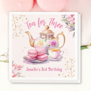 Tea For Three! Girl Pink Floral 3rd Birthday Party Napkin