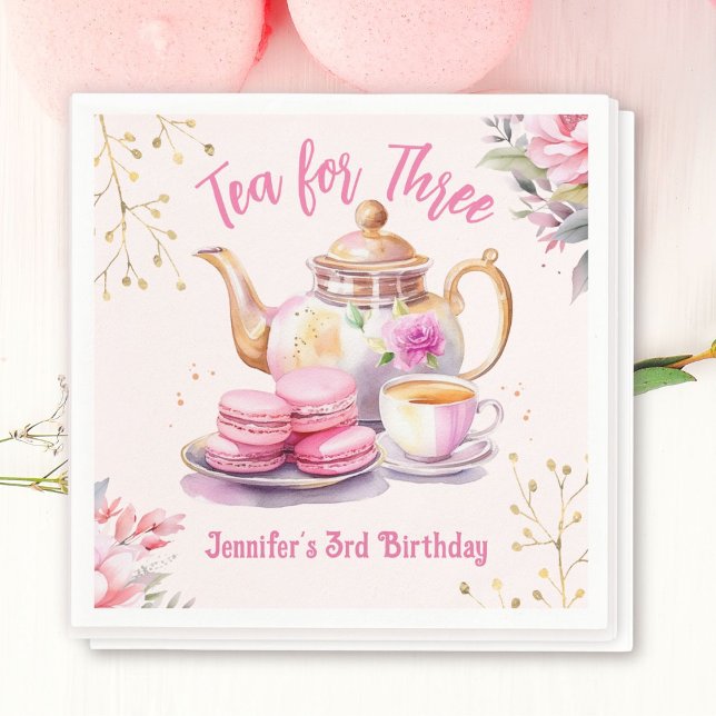 Tea For Three! Girl Pink Floral 3rd Birthday Party Napkin (Creator Uploaded)