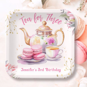 Tea For Three! Girl Pink Floral 3rd Birthday Party Paper Plate