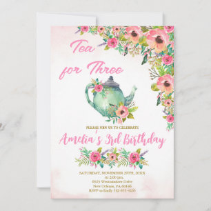 Tea for Three Invitation, Pink Floral 3rd Birthday Invitation