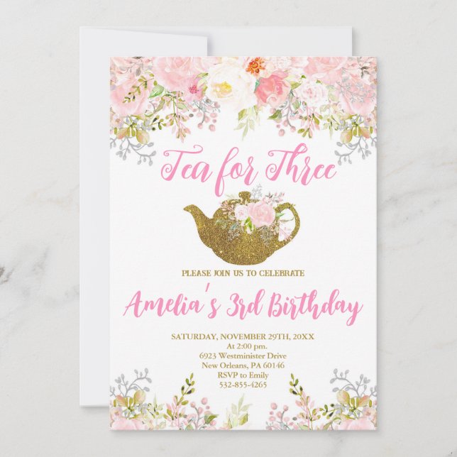 Tea for Three Invitation, Pink Floral 3rd Birthday Invitation (Front)