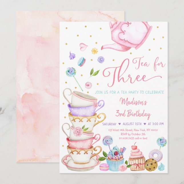 Tea For Three Pink Floral Tea Party Birthday Invitation (Front/Back)