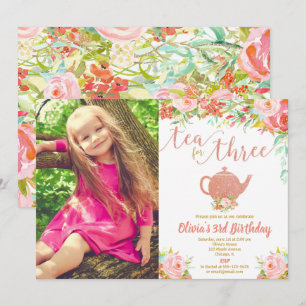 Tea for three rose gold 3rd birthday floral photo invitation