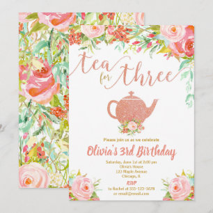 Tea for three rose gold girl 3rd third birthday invitation