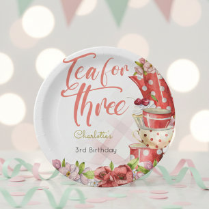 Tea for three, tea flowery third birthday paper plate