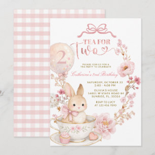 Tea for Two 2nd Birthday Bunny Spring Pink  Invitation