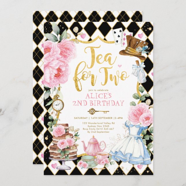 Tea for Two Alice in Wonderland Flower Birthday Invitation (Front/Back)