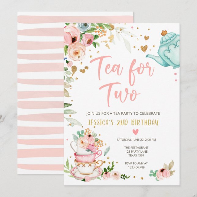 Tea for Two Birthday Invitation Floral Tea Party (Front/Back)