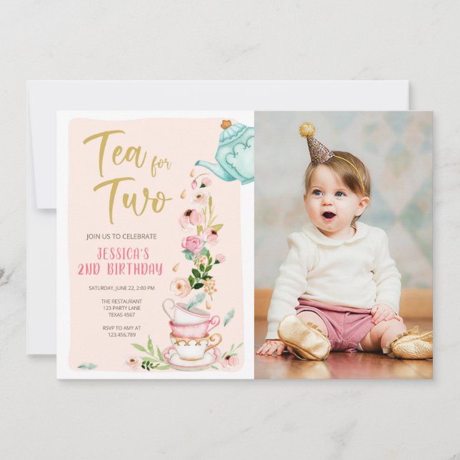 Tea for Two Birthday Invitation Floral Tea Party (Front)