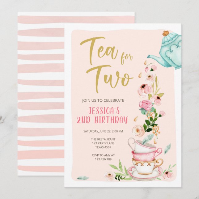 Tea for Two Birthday Invitation Floral Tea Party (Front/Back)