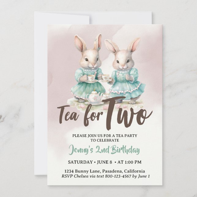 Tea for Two Birthday Invitations Bunny Rabbit 2nd  (Front)