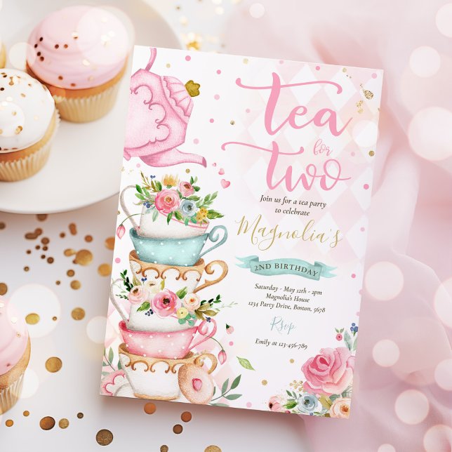 Tea For Two Birthday Party Pink Floral Tea Party Invitation (Creator Uploaded)