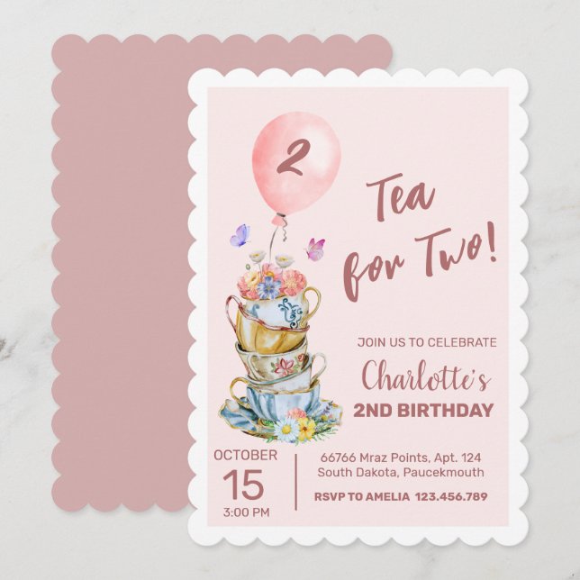 Tea For Two Birthday Party Pink Floral Tea Party  Invitation (Front/Back)