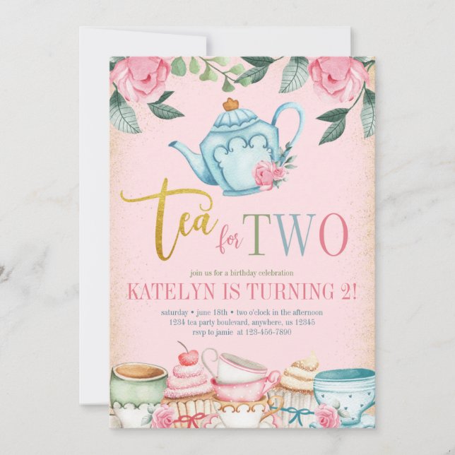Tea for Two Floral 2nd Birthday Invitation (Front)