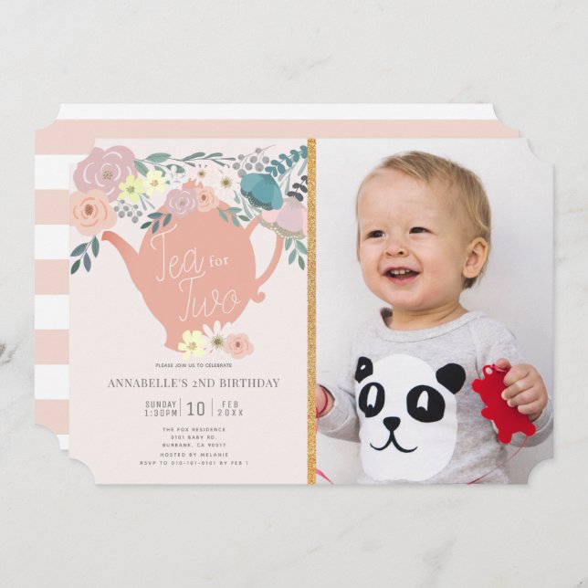 Tea for Two Floral Tea Party Photo 2nd Birthday Invitation (Front/Back)
