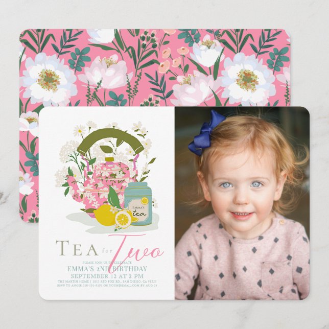 Tea for Two Floral Tea Party Photo 2nd Birthday Invitation (Front/Back)