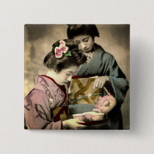 Tea for Two Geisha in Old Japan Vintage Japanese 15 Cm Square Badge