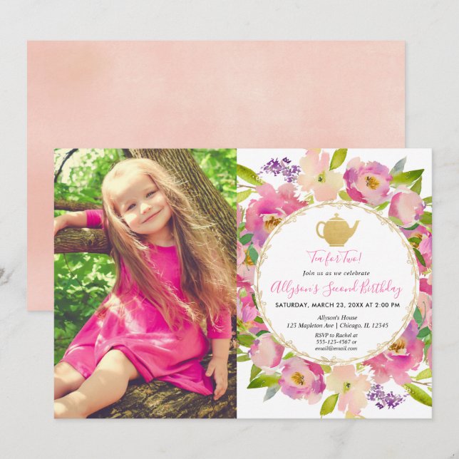 Tea for Two, Girl 2nd birthday floral photo Invitation (Front/Back)