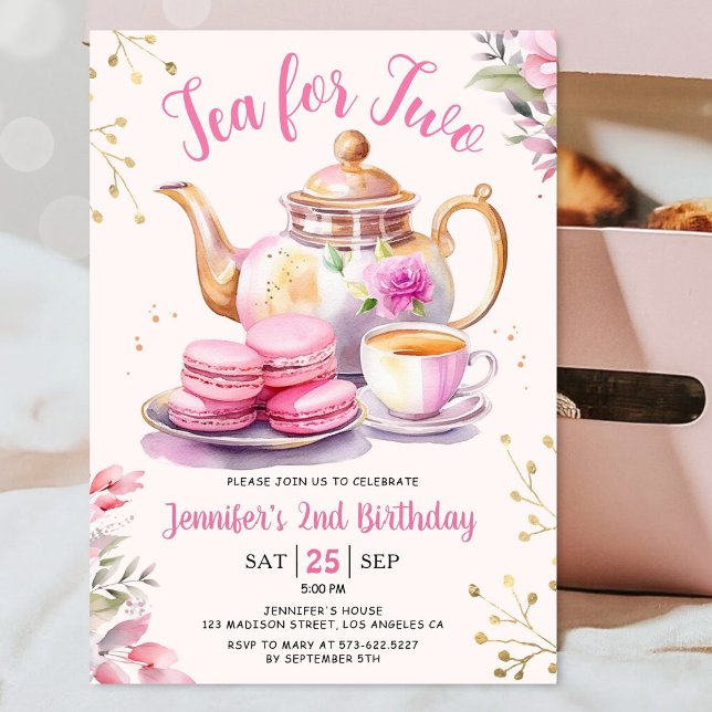 Tea For Two! Girl Pink Floral 2nd Birthday Party Invitation (Creator Uploaded)