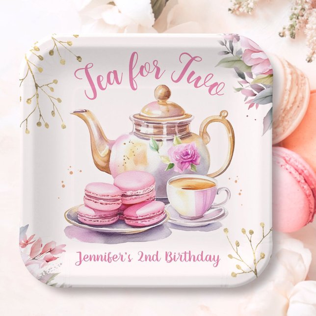Tea for Two! Girl Pink Floral 2nd Birthday Party Paper Plate (Creator Uploaded)