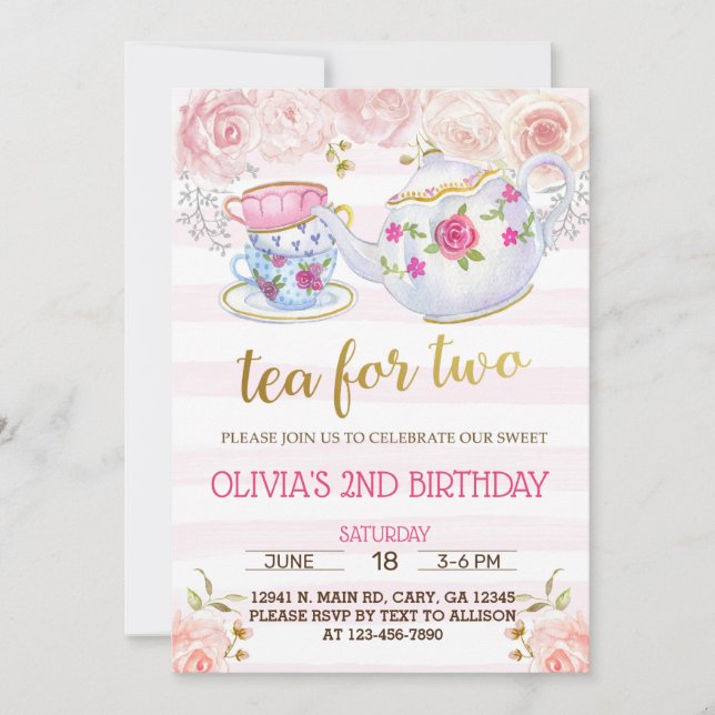 Tea for two girl second birthday invitation. invitation (Front)