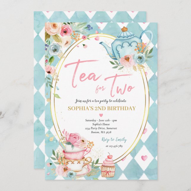 Tea For Two Pink And Gold Floral Birthday Party Invitation (Front/Back)