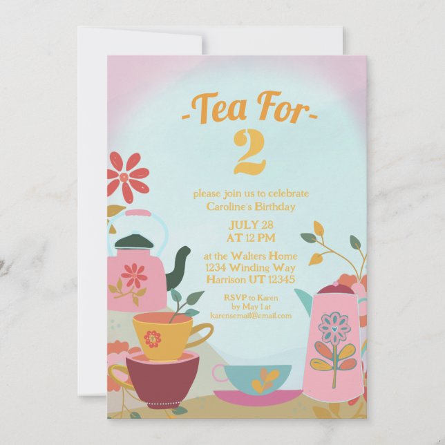Tea for Two Pink Floral Birthday Invitation (Front)