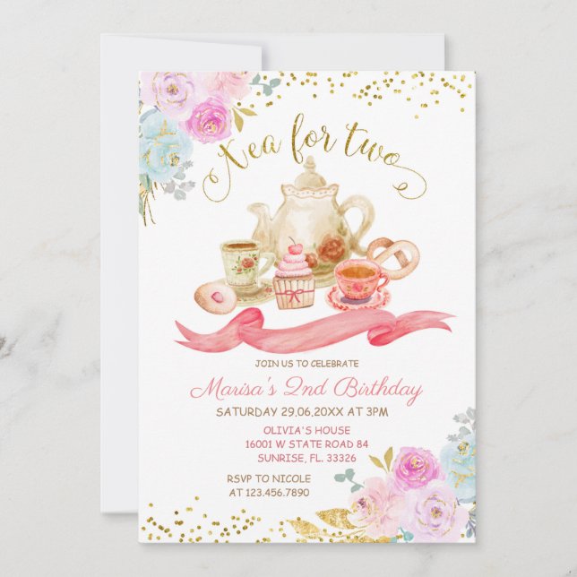 Tea For Two Pink Floral Birthday Party Invitation (Front)