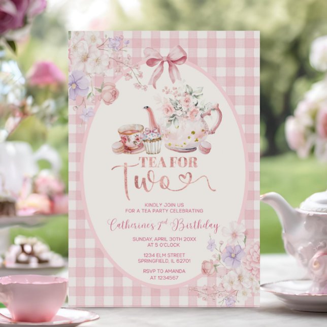 Tea For Two Pink Floral Tea Pot Party 2nd Birthday Invitation (Creator Uploaded)
