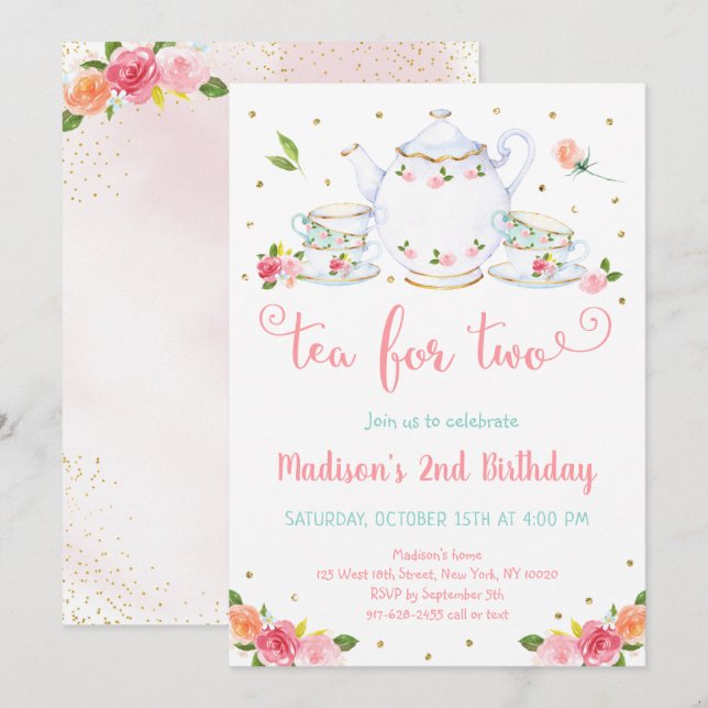 Tea For Two Pink Gold Floral Tea Party Birthday Invitation (Front/Back)
