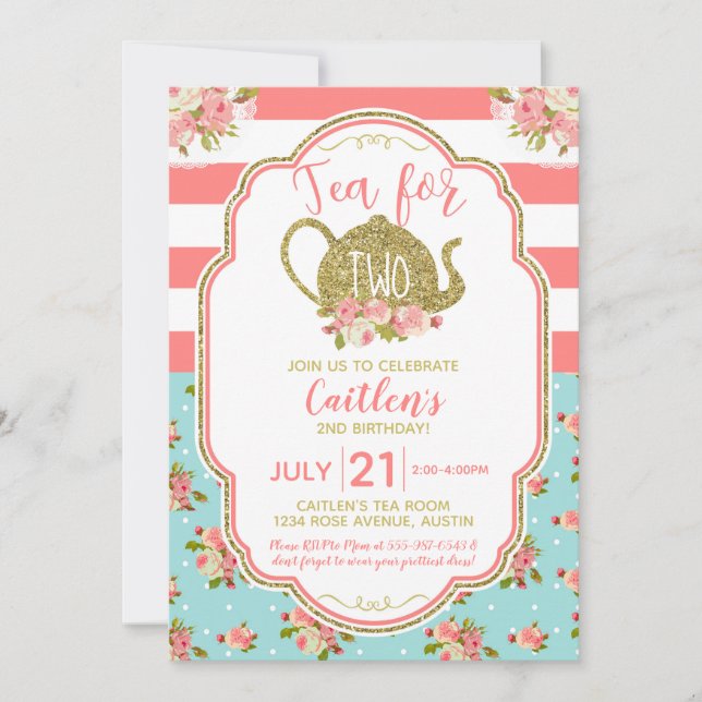 Tea For Two Pink Gold Glitter Birthday Invitation (Front)