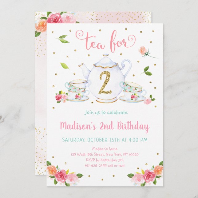 Tea For Two Pink Gold Tea Party Birthday Invitation (Front/Back)