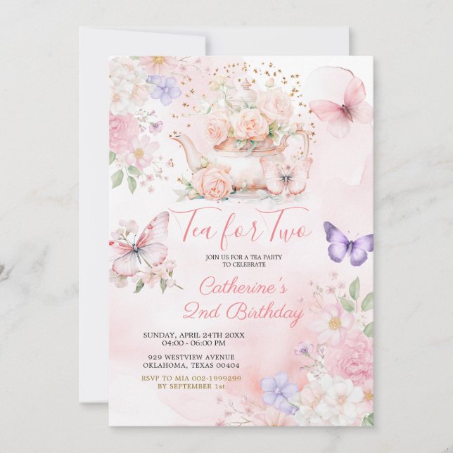 Tea For Two Pink Purple Tea Party Butterfly  Invitation (Front)