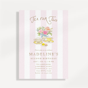 Tea for Two Pink Stripes Second Birthday Tea Party Invitation