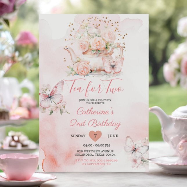 Tea For Two Pink Tea Party Butterfly Birthday  Invitation (Creator Uploaded)