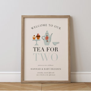 Tea for Two   Tea Party Blue Baby Shower Poster