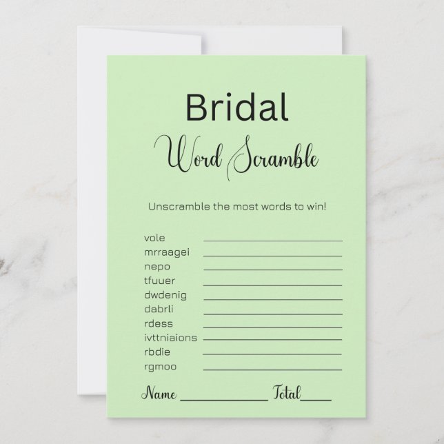 Tea Green Bridal Word Scramble Game Invitation (Front)