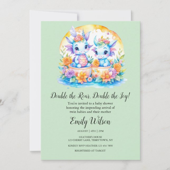 TEA GREEN RAINBOW FLORAL DRAGONS TWINS BABY SHOWER INVITATION (Front)