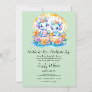 TEA GREEN RAINBOW FLORAL DRAGONS TWINS BABY SHOWER INVITATION