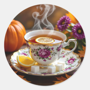 Tea in a Vintage Teacup, Mums, Pumpkin Autumn Classic Round Sticker