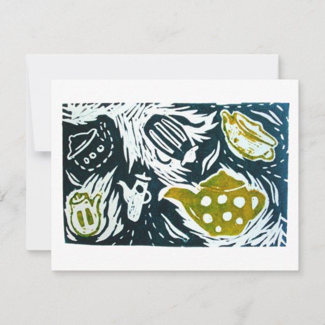 Tea Leaves and Tiny Conversations Linocut RSVP Card (Front)