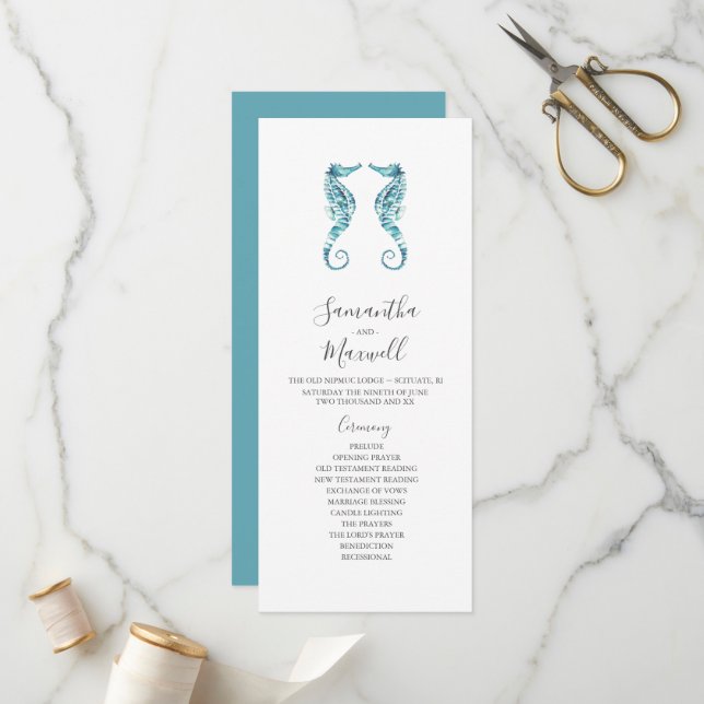 Tea Length Beach Wedding Programs Seahorses Programme (Front/Back In Situ)