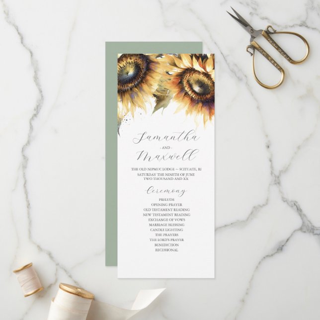 Tea Length Wedding Program Template Sunflower (Front/Back In Situ)